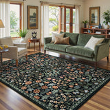 Covaba maximalism vibrant blossom floral area rug in ink black, styled in a room setting, view 4