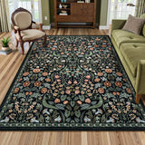 Covaba maximalism vibrant blossom floral area rug in ink black, styled in a room setting, view 7