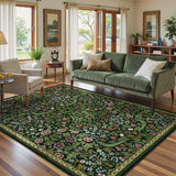 Covaba maximalism vibrant blossom floral area rug in forest fern, styled in a room setting, view 3