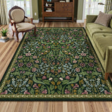 Covaba maximalism vibrant blossom floral area rug in forest fern, styled in a room setting, view 8