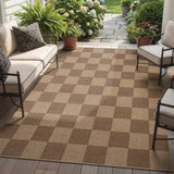 Covaba checkered easy jute indoor/outdoor area rug in dune khaki, styled in a room setting, view 3