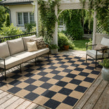 Covaba checkered easy jute natural indoor/outdoor area rug in ink black, styled in a room setting, view 10
