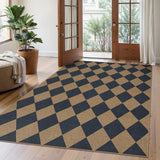 Covaba geometric checkered easy jute indoor/outdoor area rug in stormy blue, styled in a room setting, view 3