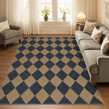Covaba geometric checkered easy jute indoor/outdoor area rug in stormy blue, styled in a room setting