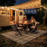 Covaba geometric checkered easy jute indoor/outdoor area rug in dune khaki, styled in a room setting, view 12