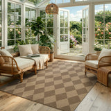 Covaba geometric checkered easy jute indoor/outdoor area rug in dune khaki, styled in a room setting, view 8