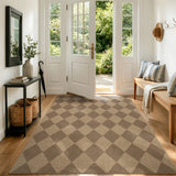 Covaba geometric checkered easy jute indoor/outdoor area rug in dune khaki, styled in a room setting, view 9