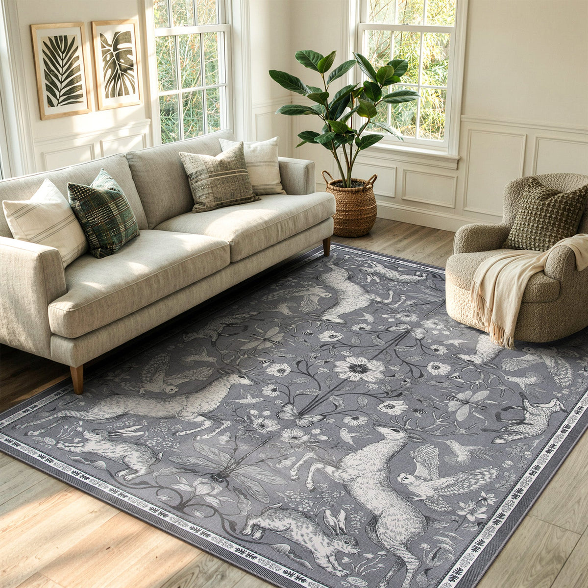 Covaba vintage woodland area rug in charcoal, styled in a room setting