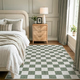Covaba modern checkerboard area rug in olive grove, styled in a room setting, view 5