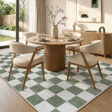 Covaba modern checkerboard area rug in olive grove, styled in a room setting, view 7