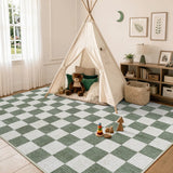 Covaba modern checkerboard area rug in olive grove, styled in a room setting, view 6