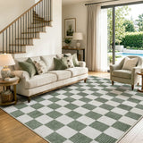 Covaba modern checkerboard area rug in olive grove, styled in a room setting, view 4