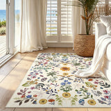 Covaba boho botanical floral area rug in warm beige, styled in a room setting, view 6