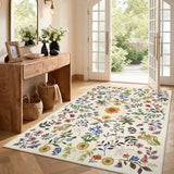 Covaba boho botanical floral area rug in warm beige, styled in a room setting, view 8