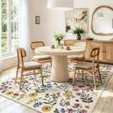 Covaba boho botanical floral area rug in warm beige, styled in a room setting, view 7