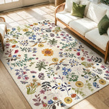 Covaba boho botanical floral area rug in warm beige, styled in a room setting, view 5