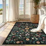 Covaba boho botanical floral area rug in ink black, styled in a room setting, view 6