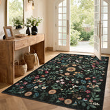Covaba boho botanical floral area rug in ink black, styled in a room setting, view 7