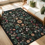 Covaba boho botanical floral area rug in ink black, styled in a room setting, view 5