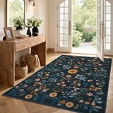 Covaba boho botanical floral area rug in stormy blue, styled in a room setting, view 6