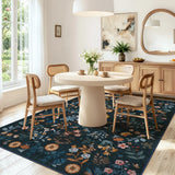 Covaba boho botanical floral area rug in stormy blue, styled in a room setting, view 8