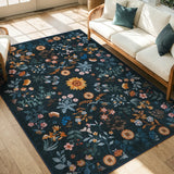 Covaba boho botanical floral area rug in stormy blue, styled in a room setting, view 5