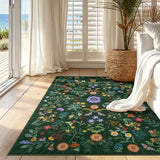 Covaba boho botanical floral area rug in fern green, styled in a room setting, view 6