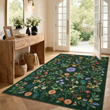 Covaba boho botanical floral area rug in fern green, styled in a room setting, view 7