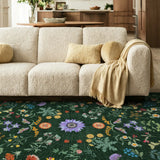 Covaba boho botanical floral area rug in fern green, styled in a room setting, view 3