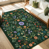 Covaba boho botanical floral area rug in fern green, styled in a room setting, view 5