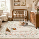 Covaba vintage traditional floral area rug in warm beige, styled in a room setting, view 11