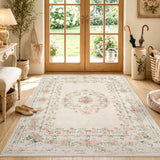 Covaba vintage traditional floral area rug in warm beige, styled in a room setting, view 8