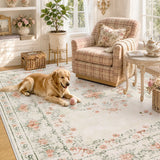 Covaba vintage traditional floral area rug in warm beige, styled in a room setting, view 12