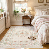 Covaba vintage traditional floral area rug in warm beige, styled in a room setting, view 10