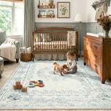 Covaba vintage traditional floral area rug in stormy blue, styled in a room setting, view 15
