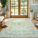 Covaba vintage traditional floral area rug in fern green, styled in a room setting, view 3