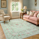 Covaba vintage traditional floral area rug in fern green, styled in a room setting, view 11
