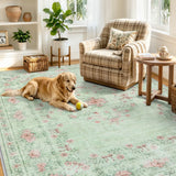 Covaba vintage traditional floral area rug in fern green, styled in a room setting, view 12