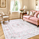 Covaba vintage traditional floral area rug in blush clay, styled in a room setting, view 6