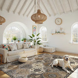 Covaba ultra-thin vintage floral moroccan trellis area rug in pearl grey, styled in a room setting, view 5