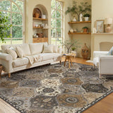 Covaba ultra-thin vintage floral moroccan trellis area rug in pearl grey, styled in a room setting, view 2