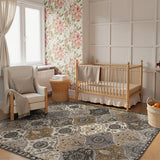 Covaba ultra-thin vintage floral moroccan trellis area rug in pearl grey, styled in a room setting, view 3