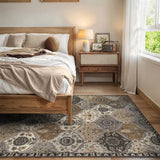 Covaba ultra-thin vintage floral moroccan trellis area rug in pearl grey, styled in a room setting, view 4