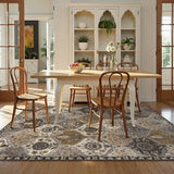 Covaba ultra-thin vintage floral moroccan trellis area rug in pearl grey, styled in a room setting, view 6