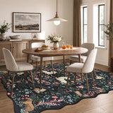 Covaba maximalist unicorn garden scalloped area rug in ink black, styled in a room setting, view 4