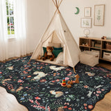Covaba maximalist unicorn garden scalloped area rug in ink black, styled in a room setting, view 3