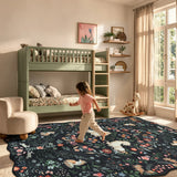 Covaba maximalist unicorn garden scalloped area rug in ink black, styled in a room setting, view 5