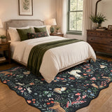 Covaba maximalist unicorn garden scalloped area rug in ink black, styled in a room setting, view 2