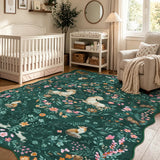 Covaba maximalist unicorn garden scalloped area rug in forest fern, styled in a room setting