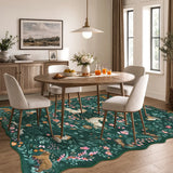 Covaba maximalist unicorn garden scalloped area rug in forest fern, styled in a room setting, view 4